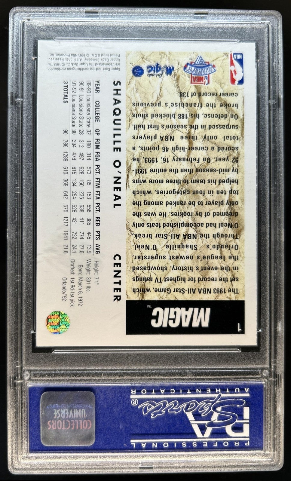 Upper Deck 1992-93 Shaquille O'Neal Rookie SP RC #1 PSA 9