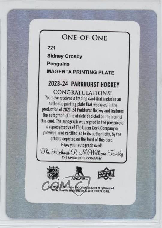 Upper Deck 2023-24 Sidney Crosby Printing Plate Auto #221 1/1